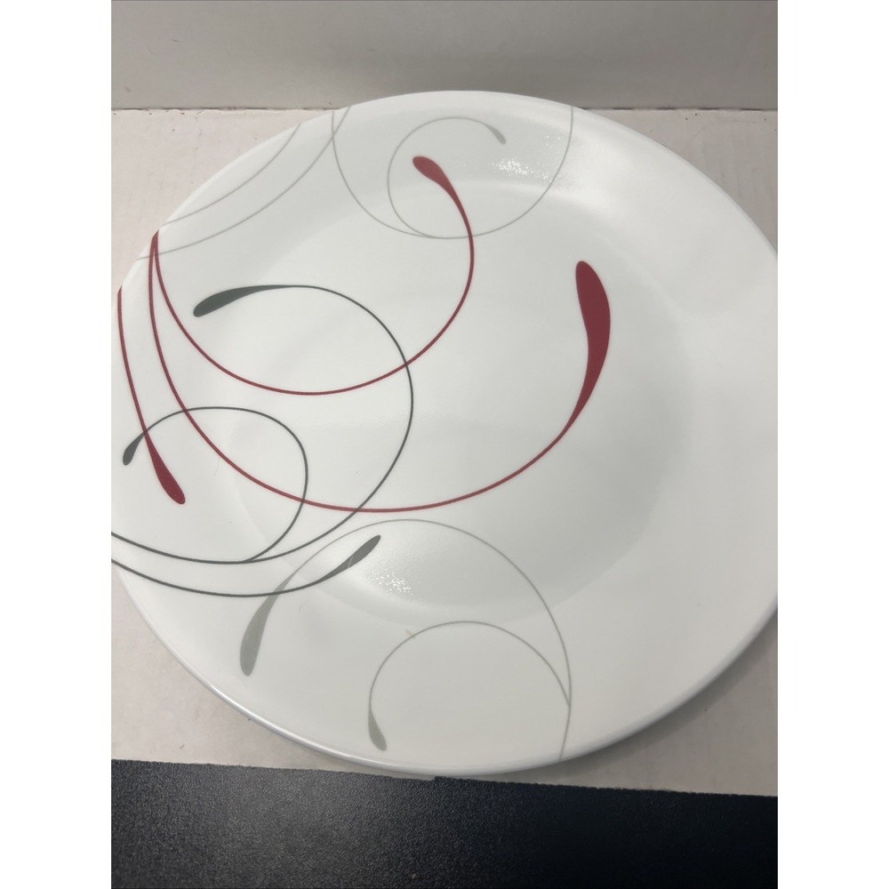 LOT 7 Pcs Corelle SPLENDOR Dinner & Bread Plates Cereal Bowls Red Gray Swirl - Picture 2 of 5